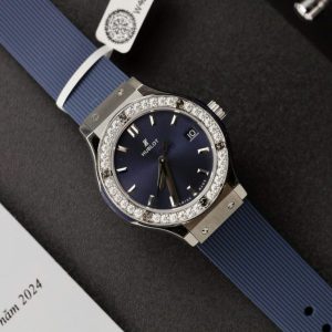 hublot classic fusion 33mm blue dial watch with custom moissanite diamonds 