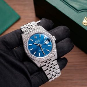rolex datejust 126334 blue dial full diamond moissanite 41mm 
