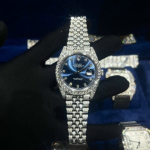 rolex datejust dial blue custom full diamonds moissanite 41mm 
