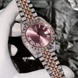 rolex datejust with full moissanite diamond pink dial 41mm 