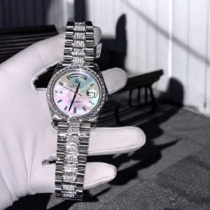 rolex day date 36mm mother of pearl dial with moissanite diamonds 